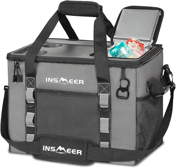 INSMEER Cooler Bag with Hard Shell, Portable 40L/60 Cans Collapsible Large Cool Bag Insulated with Top Cup Table & Opener, Cooler Bag for Camping, Picnic, Beach