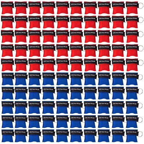 100-Pack CPR Face Shield with One-Way Valve for First Aid Training | Portable CPR Pocket Mask Keychain Clip Attaches to Belts, Bags and Car, Red and Blue, Great for AED Drills & First Aid