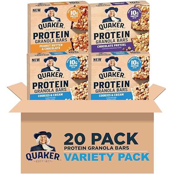 Quaker Protein Granola Bars, Variety Pack, 1.41 oz Bars, (20 Pack) 10g Protein