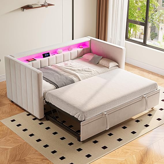 Pull-Out Bed with Storage, Multifunctional Sleeper Sofa with LED & USB-C Port, Convertible Sofa Bed Frame for Bedroom and Living Room, 90x190 cm, Velvet, Beige (No Mattress)
