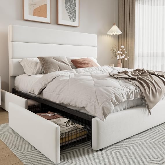 Allewie Modern Queen Size Platform Bed Frame with 4 Storage Drawers