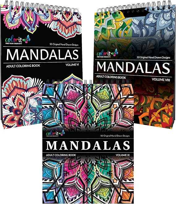 ColorIt Mandalas to Color 3 Volumes Bundle Volume VI,VIII,IX Thick Paper, Perforated Paper, Lay Flat Hard Cover, Ink Blotter