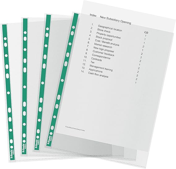 Esselte A4 Punched Pockets, 200 x Poly Pockets, 34 Micron Thickness, Embossed A4 Pockets With Punched Reinforced Green Spine, Ideal For Lever Arch Files & Ring Binders (Pack of 200), 628532