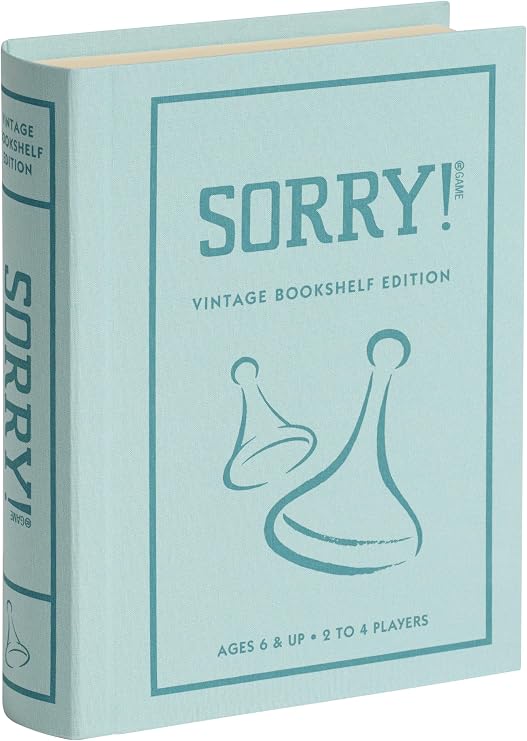 WS Game Company Sorry! Vintage Bookshelf Edition Board Game with Wood Pawns | Classic Family Board Game, Linen-Wrapped Book Box, Retro Design, Integrated Storage, 2-4 Players, Adults and Kids 6 and Up