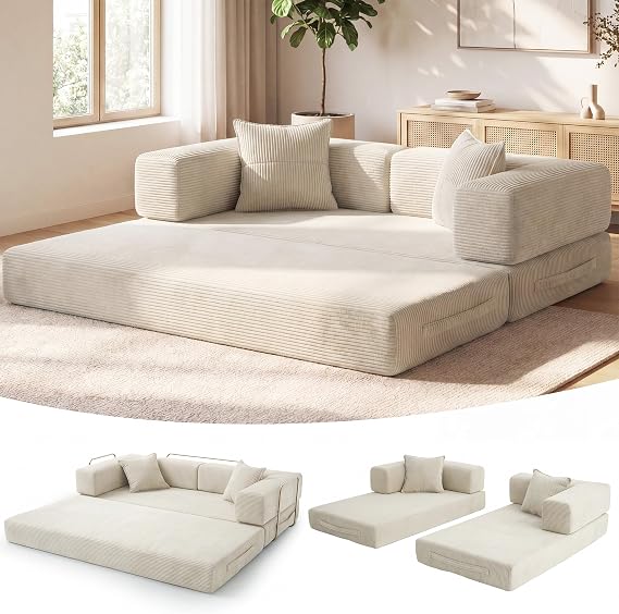 Vipbear 3 Seater Boneless Sofa Bed,Modular Convertible Couch,Pull Out,Cream | 5-in-1 Folding Double Futon Sofa Bed|Corduroy Fabric|2 Memory Foam