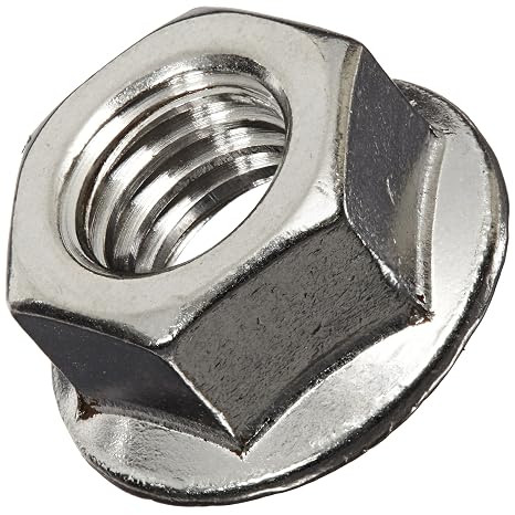 18-8 Stainless Steel Hex Flange Nut, Plain Finish, Self-Locking Serrated Flange, ASME B18.2.2, 1/4"-20 Threads, 7/16" Width Across Flats, 15/64" Overall Height (Pack of 50)