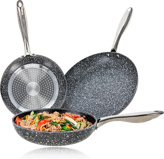 Potted Pans Nonstick Frying Pan Set - 3 Piece Induction Bottom Breakfast Skillets Classic Granite - 8 Inches, 9.5 Inches, 11 Inches