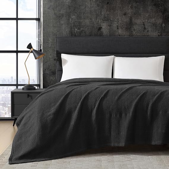 Kenneth Cole - Queen Blanket, Lightweight Cotton Home Bedding, Cozy Blanket for All Seasons (Waffle Grid Black, Queen)
