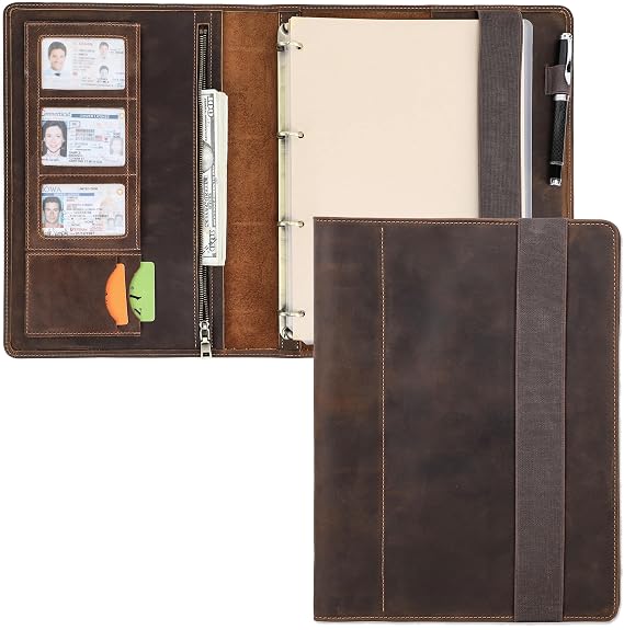 Top Grain Leather A4 Loose-Leaf Paper Portfolio Organizer for Men & Women, Vintage Design, Multi-Functional Professional Business Portfolio for A4 Size Document/iPad Pro/Pen, Coffee 11 Inch