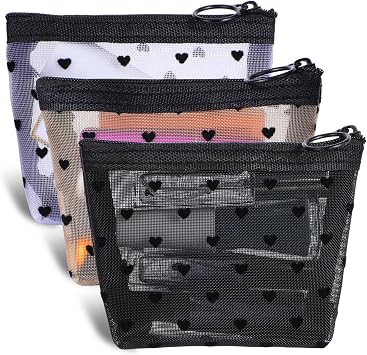 3Pcs Mini Cosmetic Bags, Heart Print Mini Zipper Mesh Bags, Lipstick Cosmetic Accessories Organizer, Zipper Mesh Cosmetic Bag for Women, Small Makeup Bag for Purse, Style 3