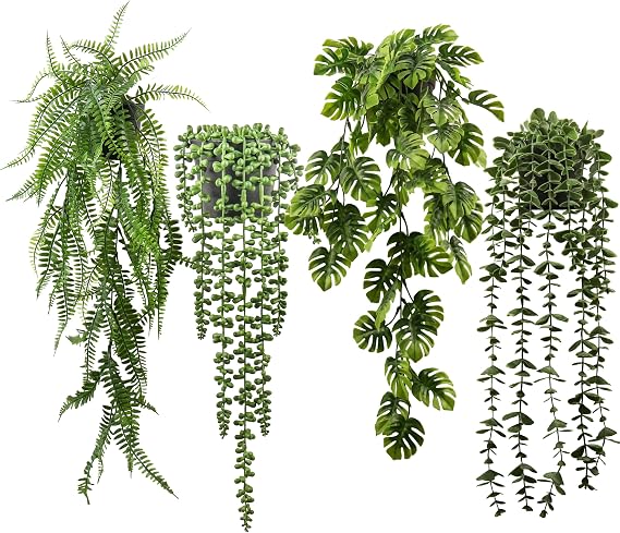 Artificial Hanging Plants Set of 4, Fake Hanging Plants Indoor with Pots, Faux Trailing Ivy & Greenery, Hanging Plant Decor for Bathroom, Shelf & Home
