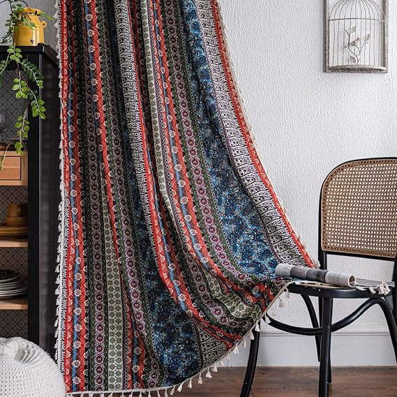 USTIDE Bohemian Striped Ethnic Curtain Moroccan Geometric Aztec Curtains Indian Style Window Treatments with Tassels Decor Rod Pocket Half Shade Curtain 63 Inches Long