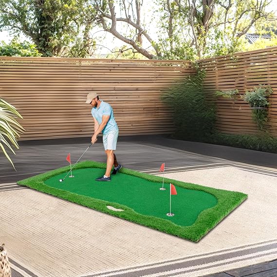 10 x 5FT Golf Putting Green Mat with 3 Holes & Flags, Premium Realistic Turf for Indoor & Outdoor, Non-Slip Base, Slope Pads & Practice Balls Included