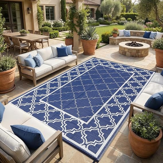 Garvee Reversible Outdoor Rug 5x8, Waterproof Outdoor Plastic Rug, Blue