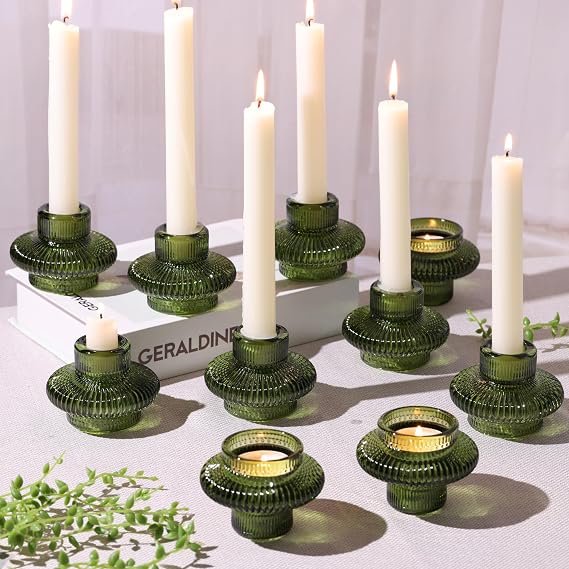 Green Taper Candle Holders Set of 10, Ribbed Glass Candlestick Holders | Vintage Candle Holders for Tealight & Taper Candles, Holiday Gift for Thanksgiving, Christmas & Friends