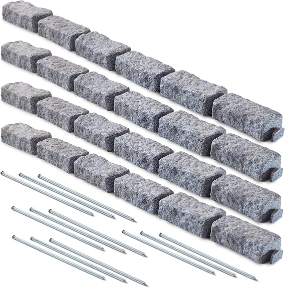 Beuta Landscape Edging | Garden Edging Border | Polyrock Bricks for Lawn Edging, Flower beds, Pathways & Yard Edging 4 Packs | Each Section Has 6 Bricks 48" L x 4" W x 2.25" H | 12 Spikes |Greystone