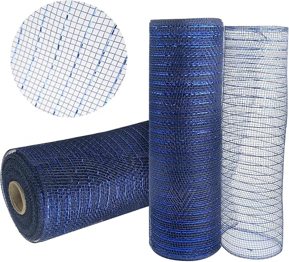 2 Rolls Navy Blue Deco Mesh Ribbon with Blue Foil Wire10 in x 30 ft,Metallic Poly Mesh Ribbon Rolls for DIY Wreath Supplies Ribbon for Christmas Tree Christmas Wreath Decoration
