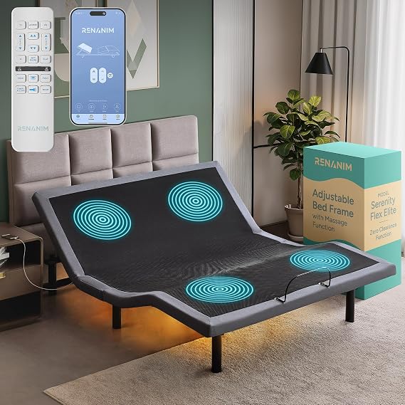 SFE King Size Adjustable Bed Frame - Zero Clearance Smart Frame, Electric Massage, Wireless Remote for Head & Foot Lift, 3 Height-Adjustable Legs - Zero Gravity, Underbed Lights & 4 USB Ports