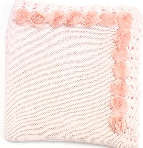 Knitted Pink Cotton Matching Blanket Trimmed with Chiffon Roses
