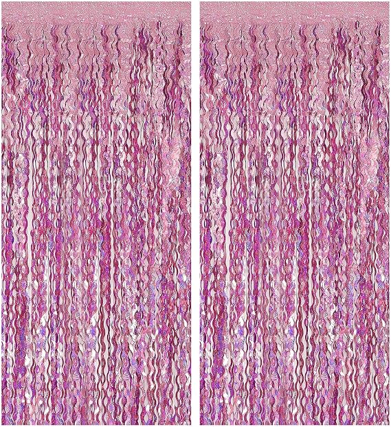 Pink Backdrop Party Decorations Pink Streamers Tinsel Foil Fringe Curtains Wavy Sparkle Metallic Pink Curtain Photo Booth Props for Birthday Wedding Valentines Day Bachelorette Decorations