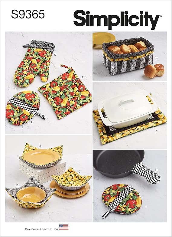 Simplicity S9365 Quilted Kitchen Accessories Sewing Pattern, Bowl Cozies, Oven Mitts, Pot Holders & More, One Size