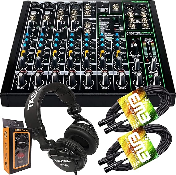 Mackie ProFX10v3 10-Channel Mixer with Built-in Effects and USB + Pro Headphone with Pair of EMB XLR Cable and Gravity Magnet Phone Holder Bundle