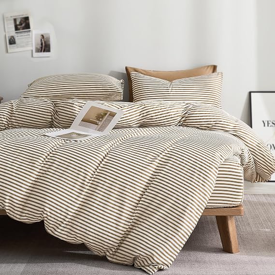 JELLYMONI 100% Cotton Classic Striped Full Duvet Cover Set, Tan/White