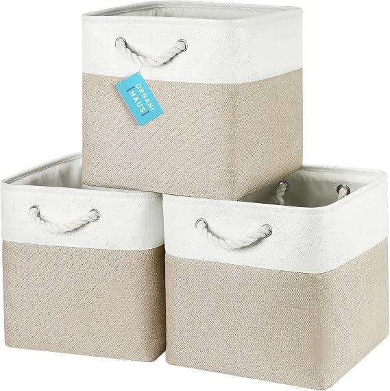 OrganiHaus Storage Box 30 x 30 cm Set of 3 Fabric Cube Baskets with Rope Handles Foldable Storage Cubes for Kallax Organiser Storage Baskets for Children's Room Beige/White