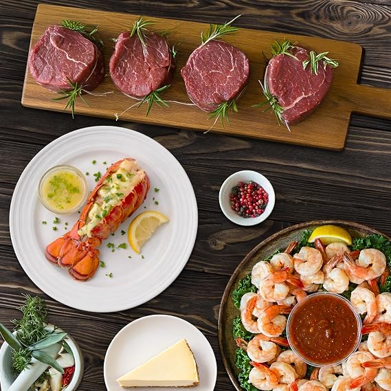 New York Steak & Seafood Gourmet Dinner for 2 - Jumbo Shrimp Appetizer for 2, Surf N' Turf Main Course of 2 6oz Fillet Mignons and 2 5oz Lobster Tails, 2 New York Mini Cheesecakes