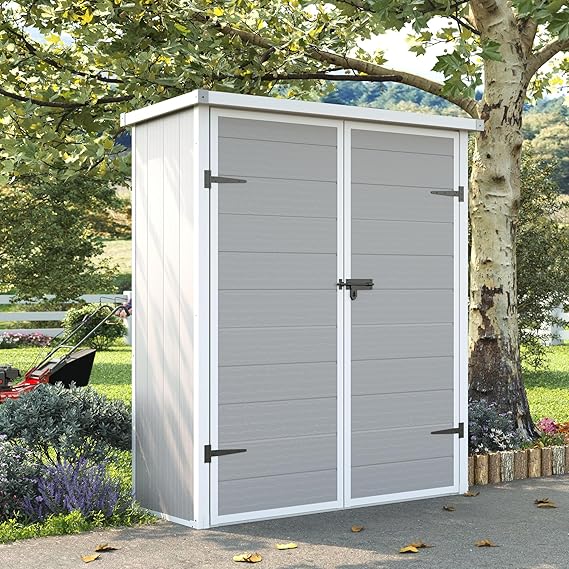 UDPATIO 51 Cu.ft Vertical Storage Shed, 4.3 ft x 5.6 ft Resin Outdoor Shed Waterproof Plastic Storage Cabinet for Garden, Backyard, Lawn, Grey