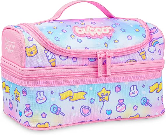 Blippo Pink Insulated Lunch Box for Girls - Reusable, Large Double Deck
