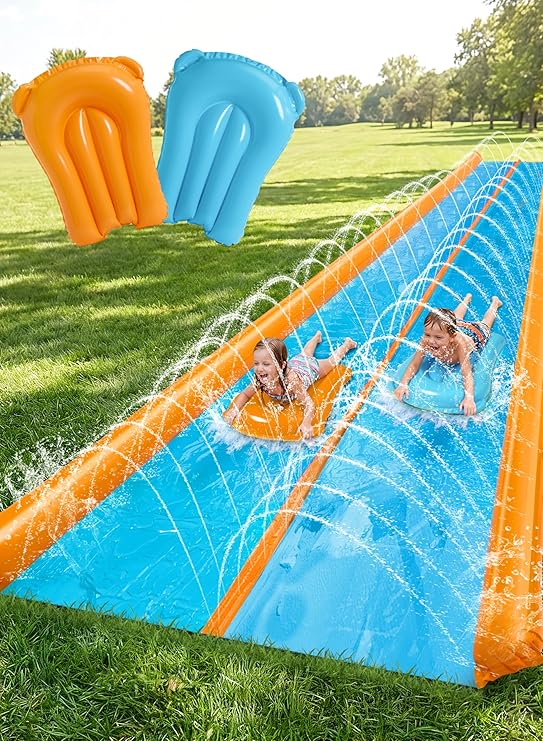 Sloosh Double Lane Water Slide,25ft x 6ft Heavy Duty Water Slip Lawn Slide with Sprinkler and 2 Inflatable Boards for Adult Kids Party Summer Yard Outdoor Play Activities