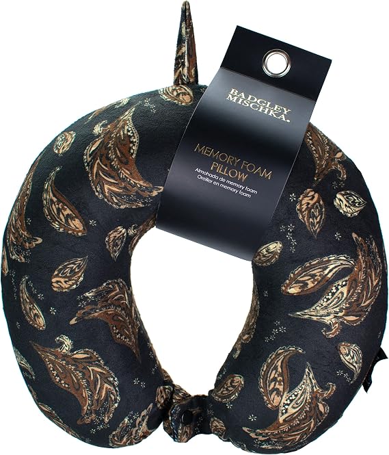Badgley Mischka Memory Foam Travel Neck Pillow Pillow (Gold Feathers)