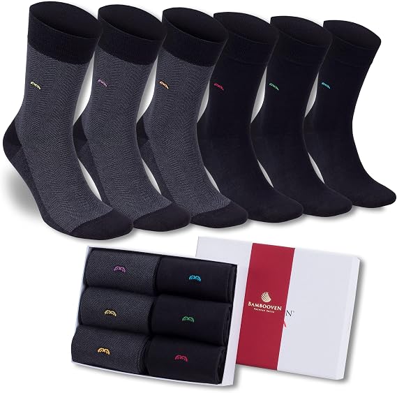 BAMBOOVEN Mens Dress Socks 6 Pack Rayon From Bamboo Crew Socks for Men 8-12 | BAMBOOVEN Mens Dress Socks 6 Pack Bamboo Rayon Crew Socks for Men Size 8-12, Moisture Wicking Cushioned Breathable Socks
