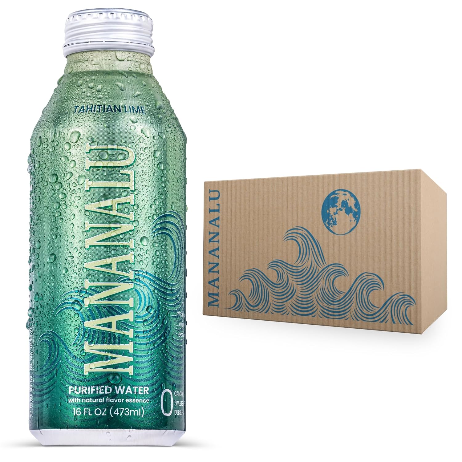 Mananalu Pure Water, Tahitian Lime Flavored Purified Water with Electrolytes in a BPA-Free, Eco-Friendly, and Infinitely Recyclable 16 oz. Resealable Aluminum Bottle Tahitian Lime, 16 Fl Oz Pack of