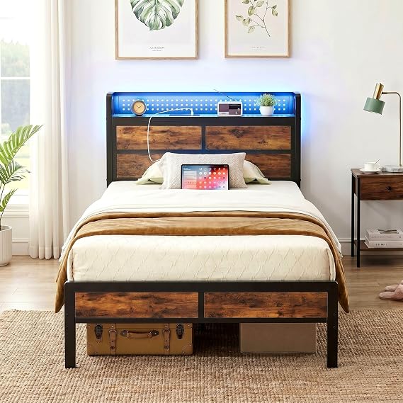 IRONCK Single Bed Frame with Storage Headboard & LED Lights, Platform Bed Frame Single with Charging Station, Metal Bed Frame, UnderBed Storage/Mattress Foundation, Vintage Brown