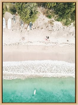 DesignOvation Sylvie Tropical Beach from Above Framed Canvas Wall Art by Amy Peterson, 23x33 Natural, Beautiful Beach Landscape for Living Room, Office, Bedroom, Or Bathroom