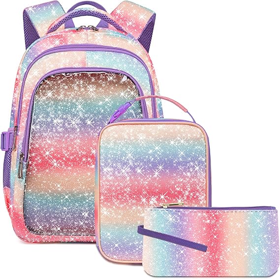 Cute Girls Bookbag with Lunch Box for Kids Candy Gradient Glitter Backpack for Age 4-6 6-8 8-10 School Bag for Primary Kindergarten Elementary Pre School Aesthetic Lightweight Mochila Para Ninas