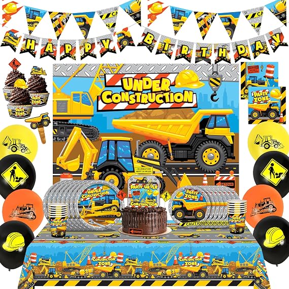 Treasures Gifted Construction Party Decorations - Serves 16 Guests - Ultimate Set Construction Birthday Party Supplies - Construction Banner, Plates, Napkins, Cake Topper