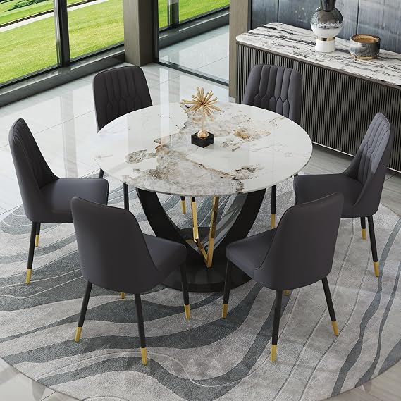 JUFU 7-Piece 48" Round Faux Marble Dining Table Set for 6, Black PU Chairs