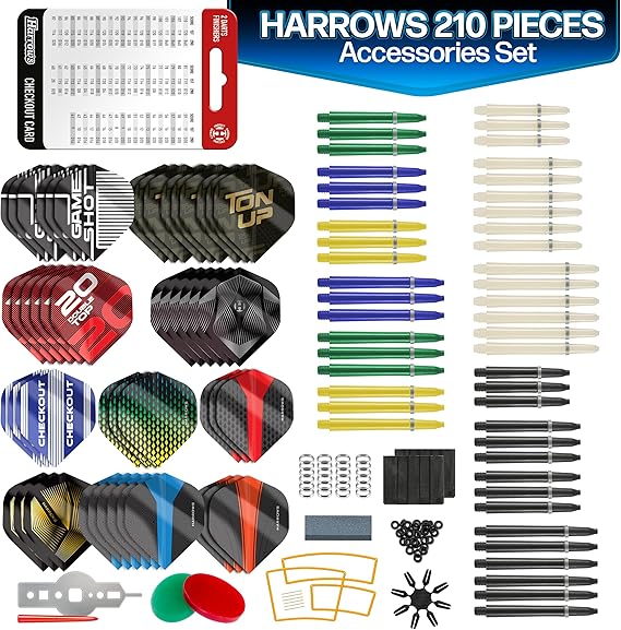 Harrows 210pc Darts Accessories Set - Amazing Bundle Includes Dart Stems, Dart Flights, Dart Rings, Dart Sharpener, Dart Tool, Flight Protector, Finger Wax, Practice Rings & Free Checkout Card
