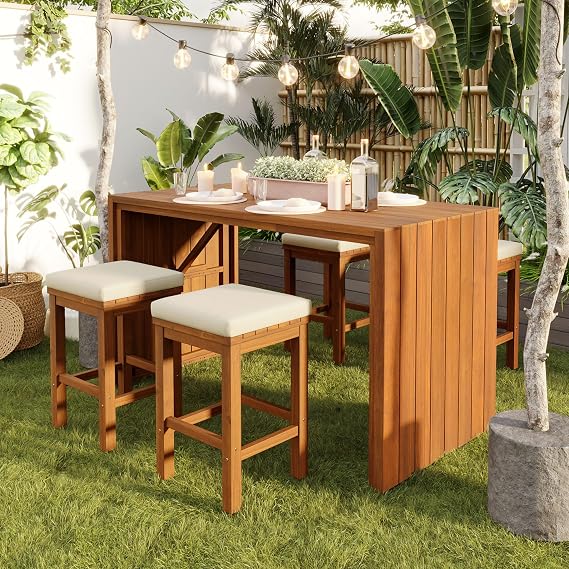 5 Piece Outdoor Bar Set, Patio Acacia Wood Bar Height Table & Four Stools with Cushions for Backyard, Poolside, Balcony (Beige+Natural)