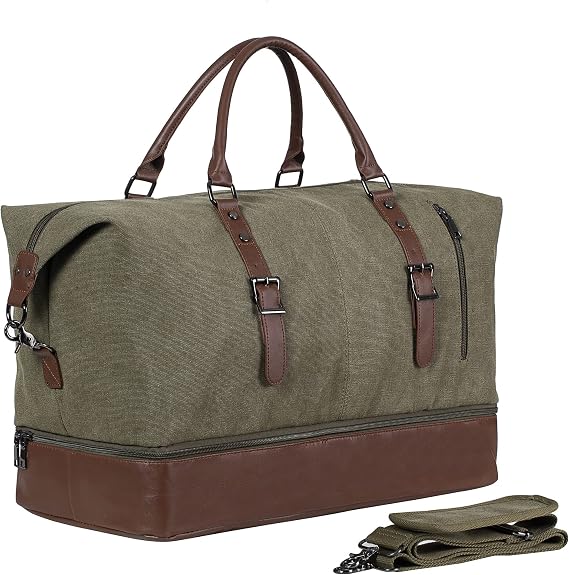 Travel Bag with Shoe Pouch,Weekender Overnight Bag Canvas PU Leather Large Carry On Bag Travel Tote Duffel Bag for Men or Women,Green
