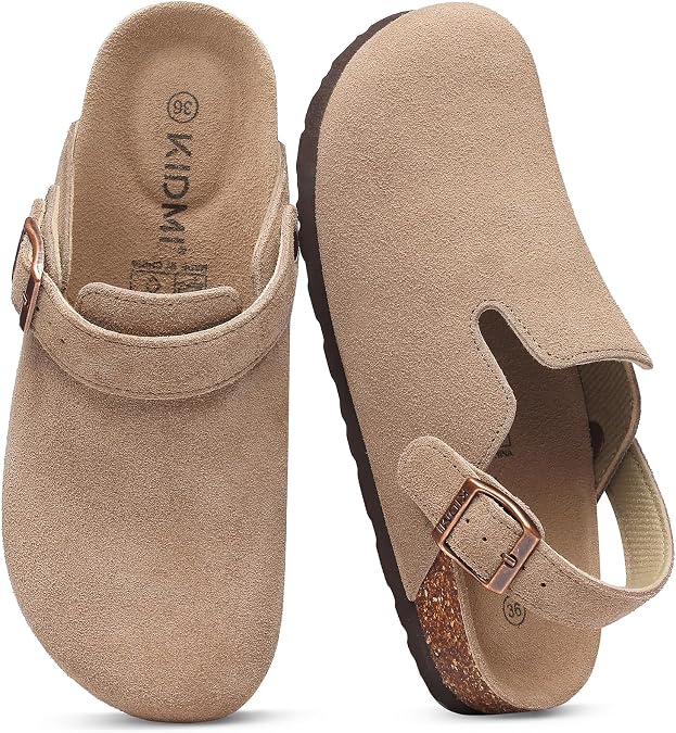 KIDMI Women's Suede Clogs with Back Strap Men's Leather Mules Cork Footbed Slip on Potato Shoes, Taupe 36