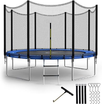 Simple Deluxe Trampoline for Kids with Safety Enclosure Net Wind Stakes 400LBS Weight Capacity 12FT Recreational Trampolines with Ladder Blue Outside Net