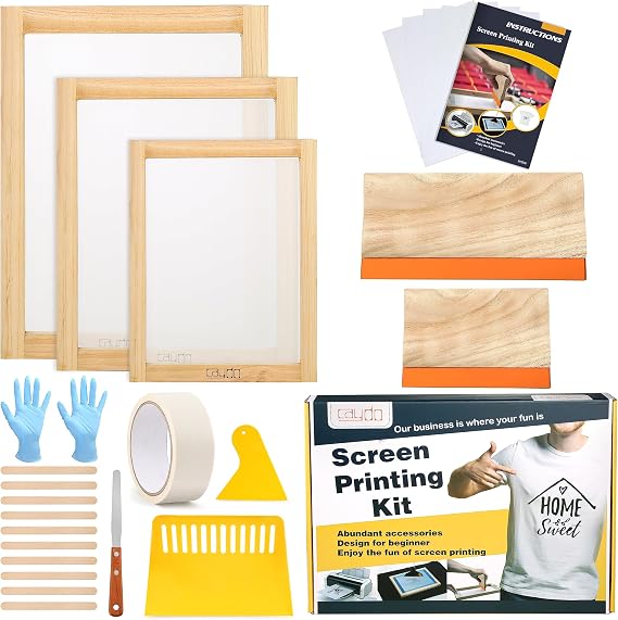 Caydo 23 Pieces Screen Printing Starter kit Include 3 Different Size of Wood Silk Screen Printing Frame with Mesh, Screen Printing Squeegees, Inkjet Transparency Film, Ink Knife, and Mask Tape