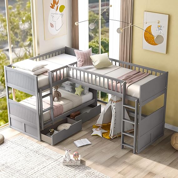 Bellemave Wood Triple Bunk Bed with Drawers, L-Shaped Bunk Beds for 3, Twin Over Twin Bunk Bed with a Loft Bed Attached for Kids, Teens, Adults (Grey)