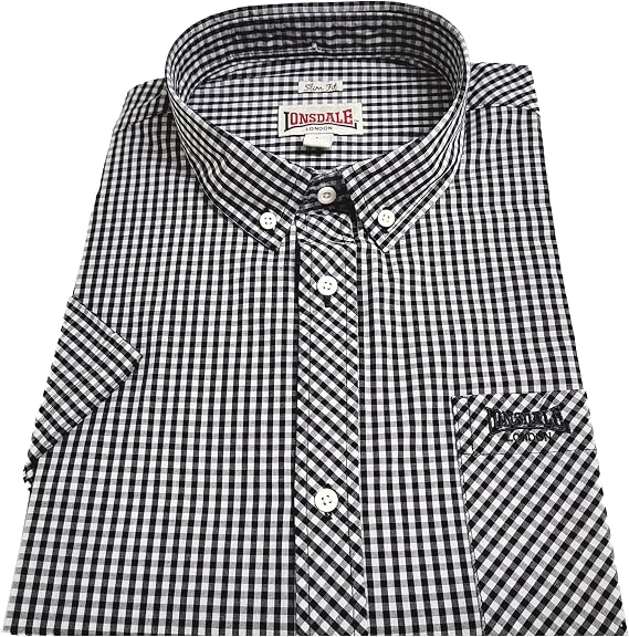 Classic Men's Lonsdale Button Down Shirt Short Sleeve Black White Slim-Fit