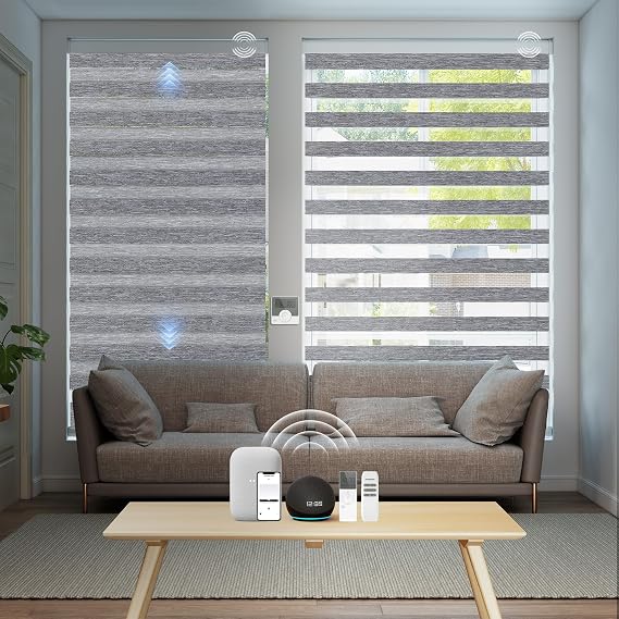 Smart Zebra Sheer Blinds Custom to 115" Width Compatible with Alexa Google Horizontal Motorized Window Blind Dual Layer Electric Roller Shades Remote Control 95% Blackout Dark Grey