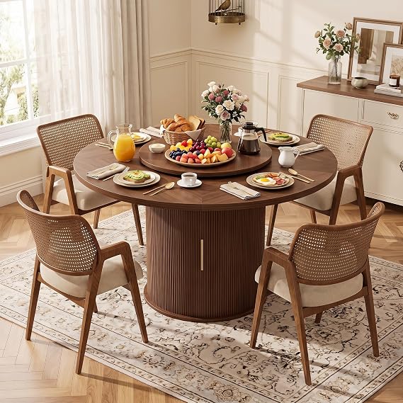 55" Round Dining Room Table, Mid-Century Modern Kitchen Table with 360 Lazy Susan, Pedestal Storage & Wavy Sliding Doors, Seats 6, Rounded Edge Top, Easy-Clean Finish (Walnut)